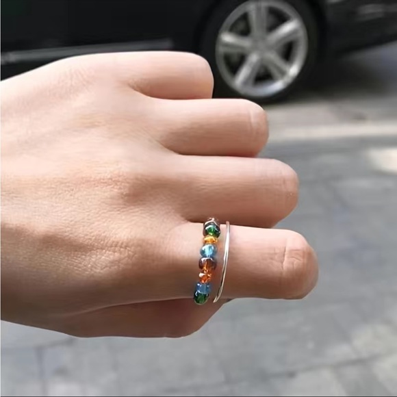 Rainbow Beads Rotatable Fidget Silver Color Rotate Stainless Steel Ring - Picture 3 of 6